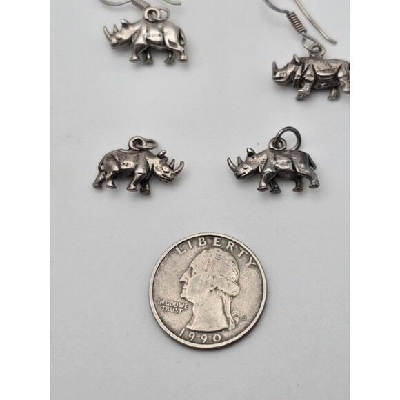 Sterling Silver Rhino Earring & Charm Set – 4pc Safari Animal Jewelry – Vintage - Picture 4 of 4